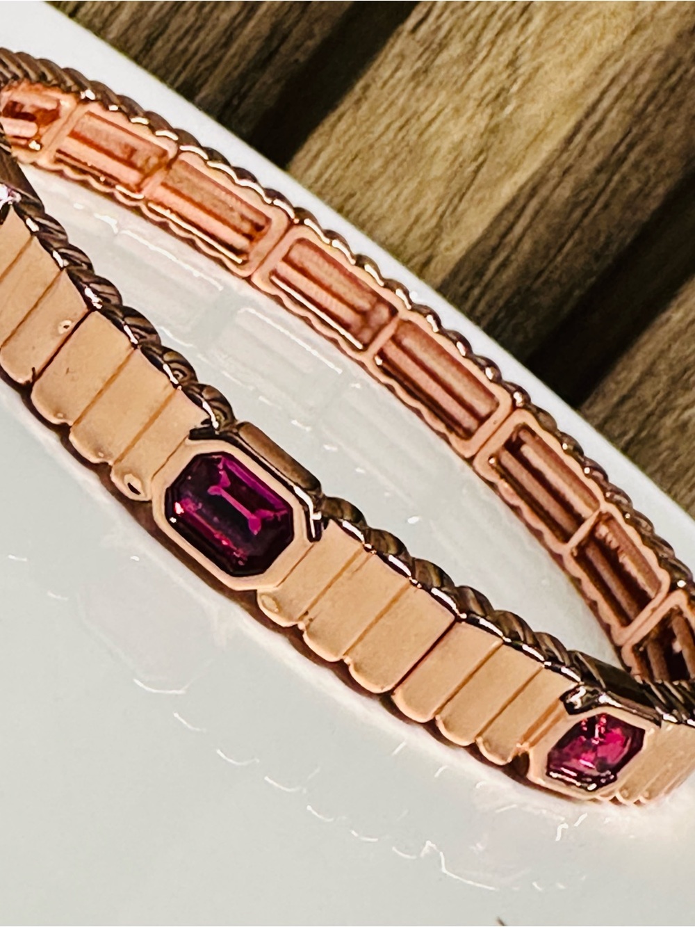 Bomb Party Single Stack Bracelet, Rose Gold Stretch Bangle with Ruby Stones